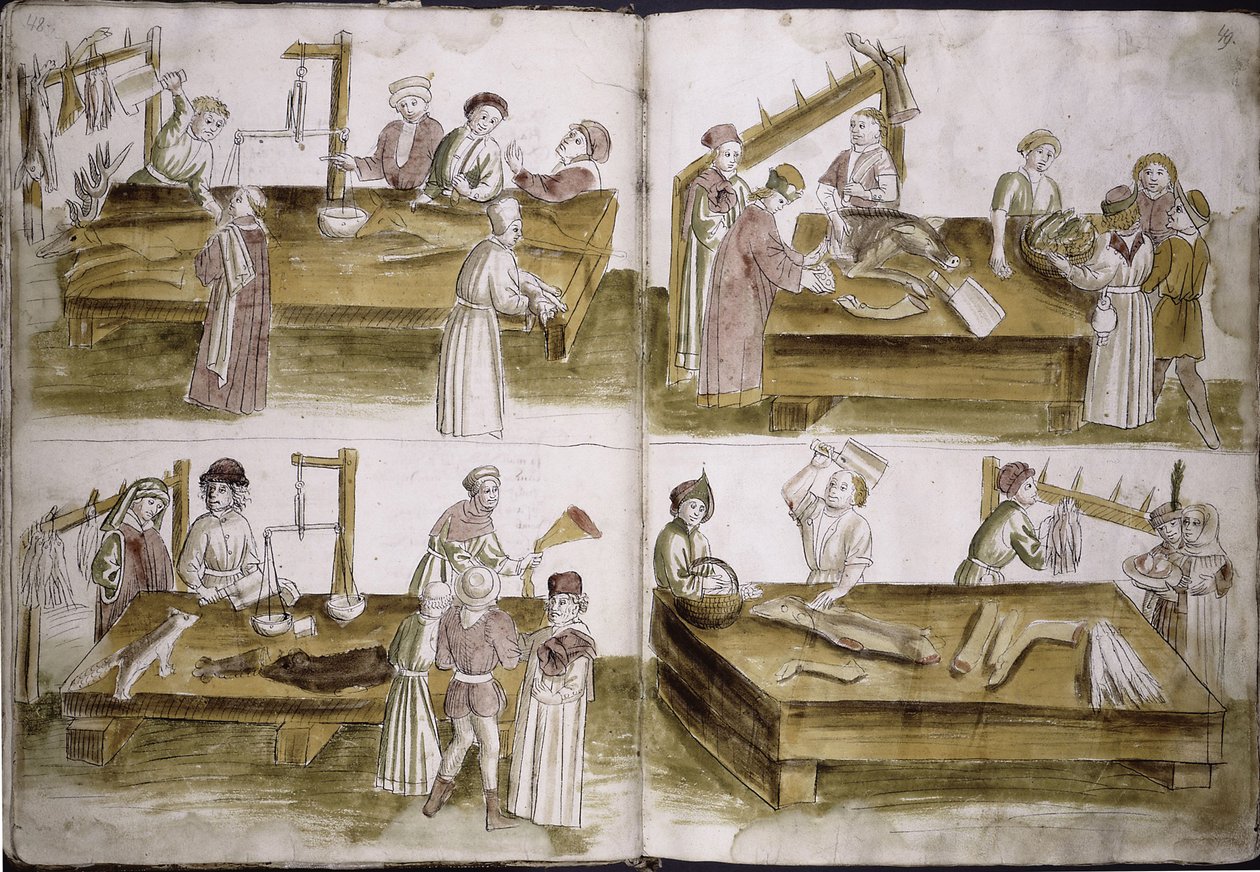 Scen från marknadslivet med slaktare från: Ulrich Richental Chronicle of the Council of Constance, 1414-1418 av Unbekannt