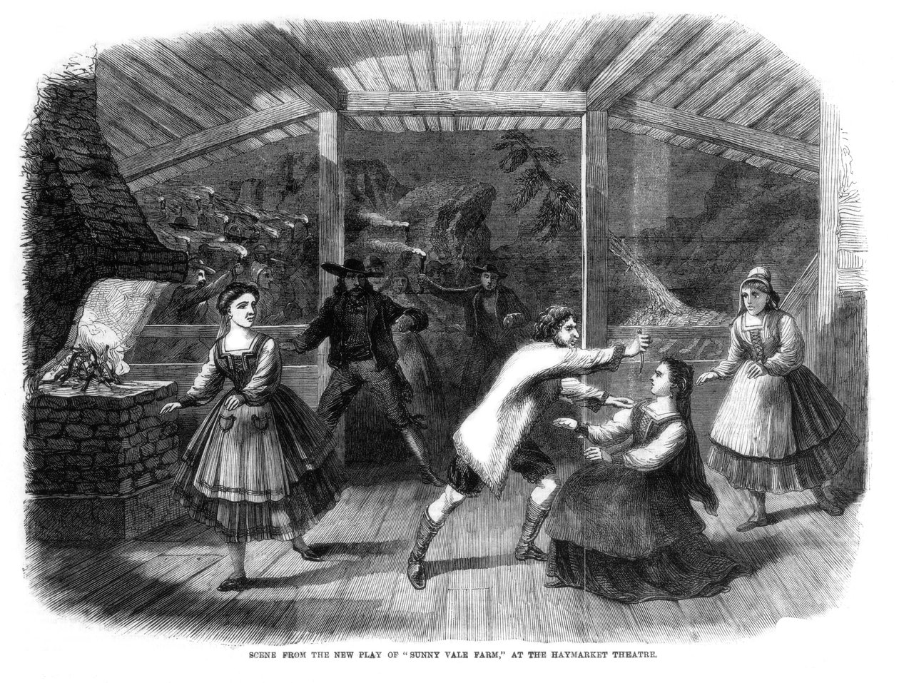 Scen från pjäsen Sunny Vale Farm, uppförd på Haymarket Theatre, London, 1864 av Unbekannt