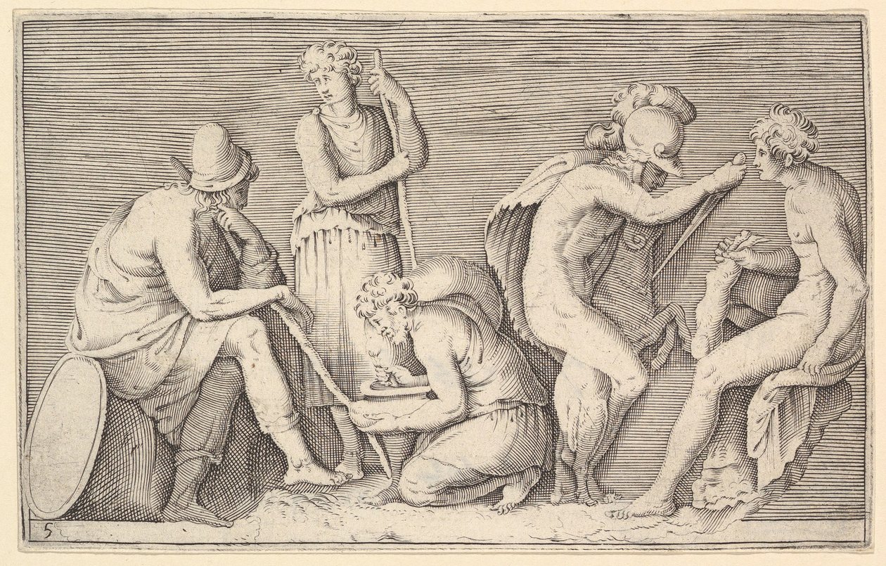 Scene of Sacrifice med Warrior Killing Ram och fyra andra figurer, publicerad ca. 1599-1622. av Unbekannt