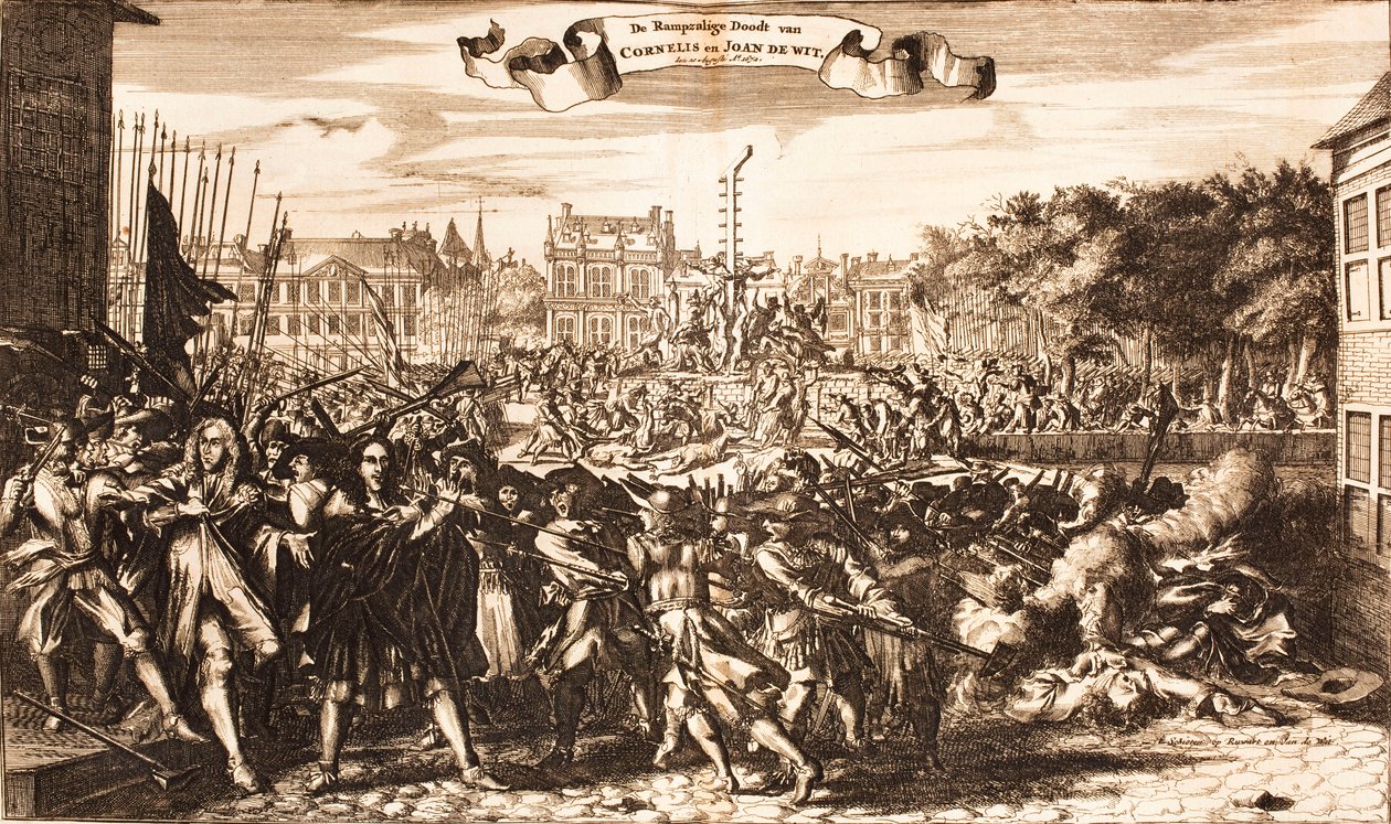 Scen där folkmassan mördar Cornelis och Johan de Witt, Haag, 20 augusti 1672, 1675. av Unbekannt
