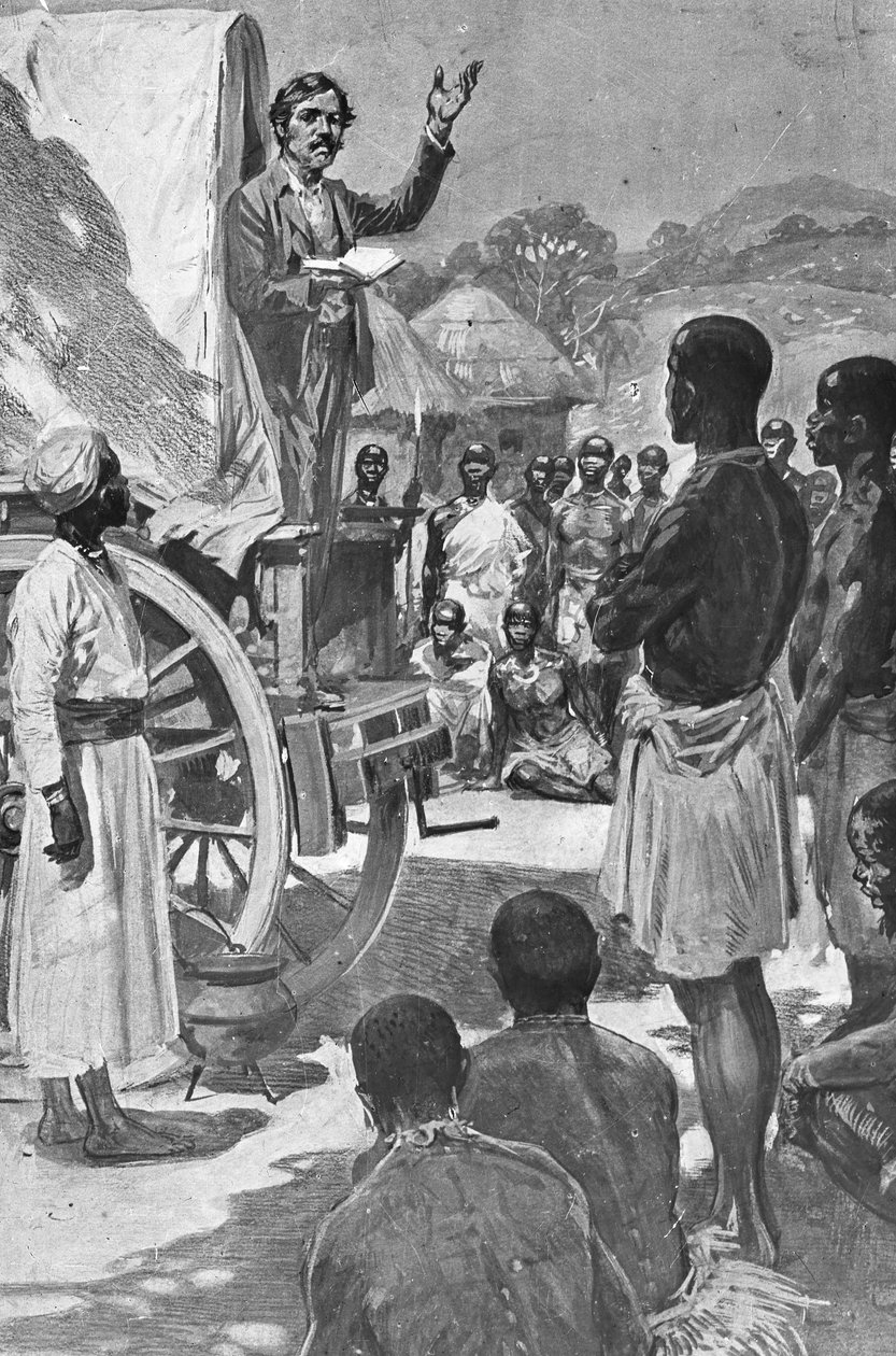 Skotsk upptäcktsresande och missionär David Livingstone predikar från en vagn, Afrika, 1800-talet av Unbekannt