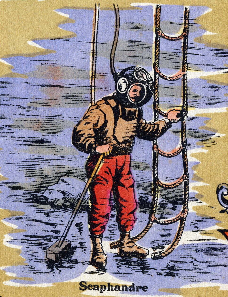 Scuba kostym. Illustrerat alfabet. Bilder återförenades i Jarville-Nancy, början av 1900-talet. Mått: 40 x 29 cm. Litografi på en bistre bakgrund av Unbekannt
