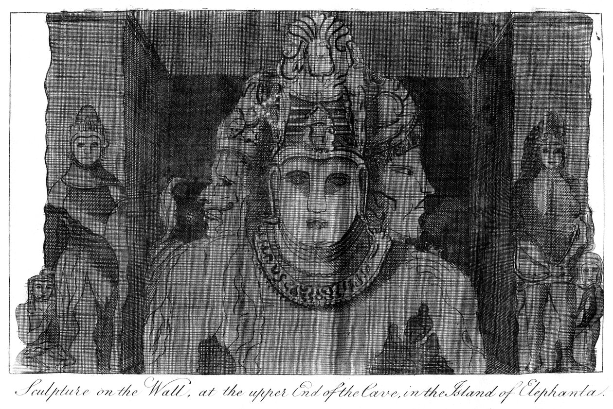 Skulptur på väggen vid den övre änden av grottan, ön Elephanta, Indien, 1799 av Unbekannt