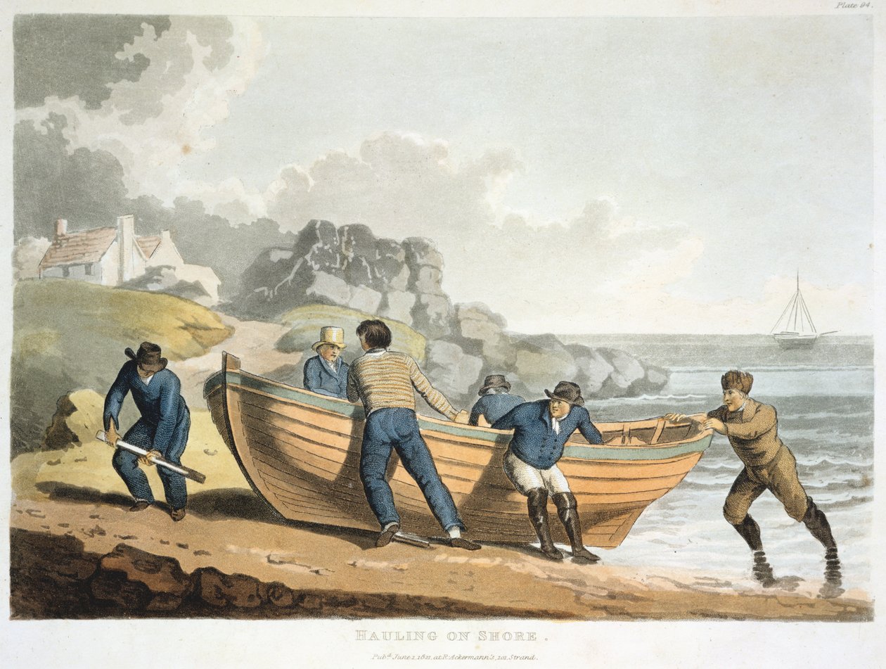 Sjömän som drar en klinkbyggd jolle upp på stranden, 1821 av Unbekannt