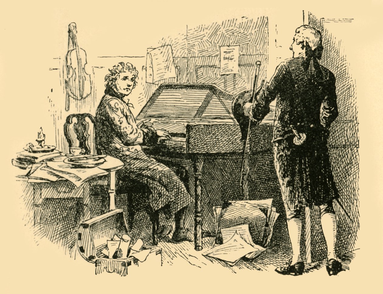 Sitter framför ett gammalt, slitet piano, 1907. av Unbekannt