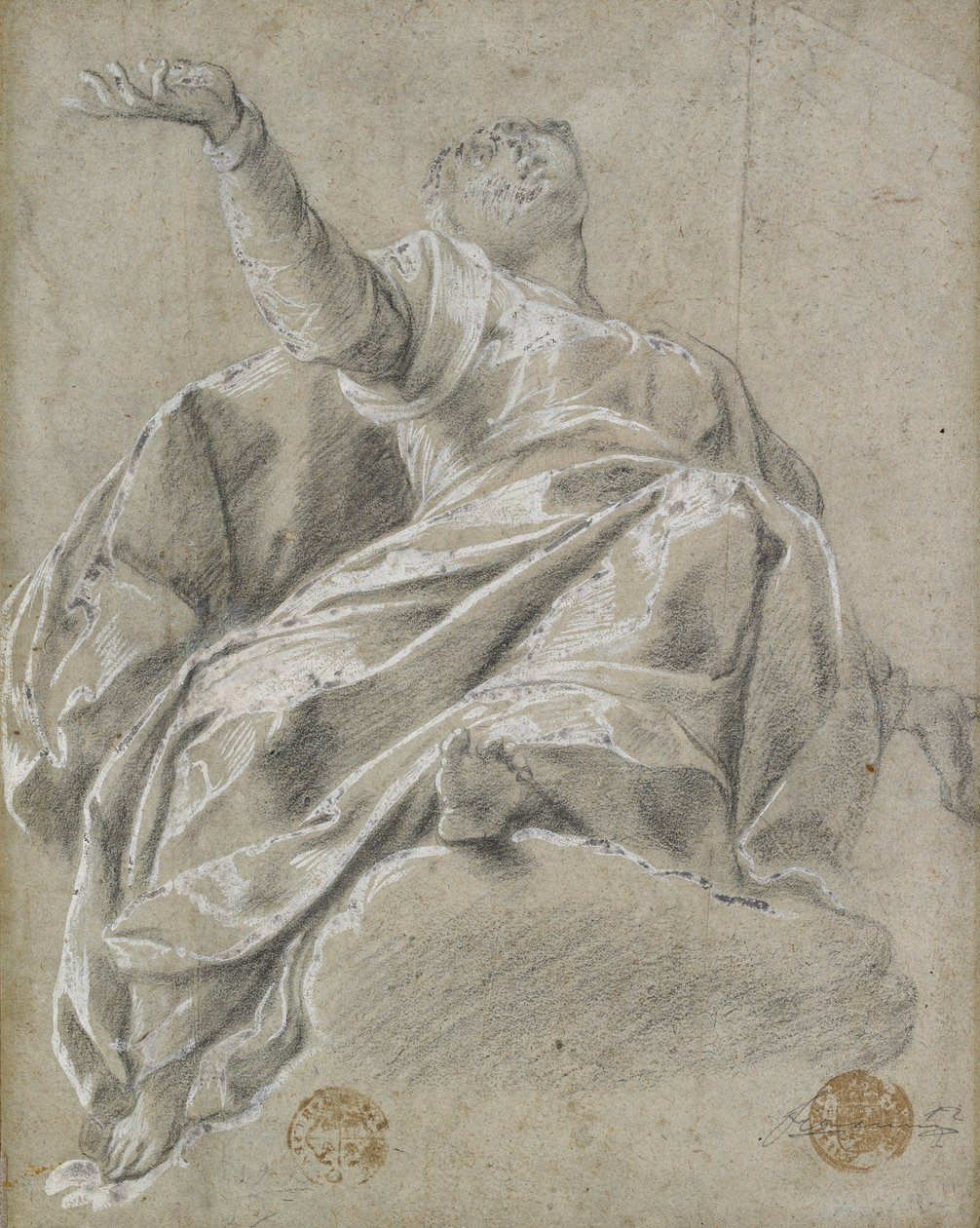 Sittande kvinnofigur på ett moln, blickande uppåt, 1600-1675 av Unbekannt