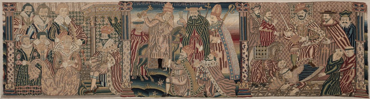 Avsnitt av en broderad fris: Ahasveros och Esther, påven som strider mot kejsaren, 1625-1649. av Unbekannt