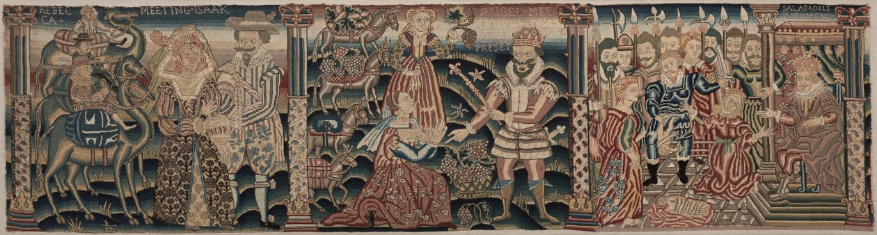 Avsnitt av en broderad fris: Rebecca möter Isaac, Abigail möter David, 1625-1649. av Unbekannt