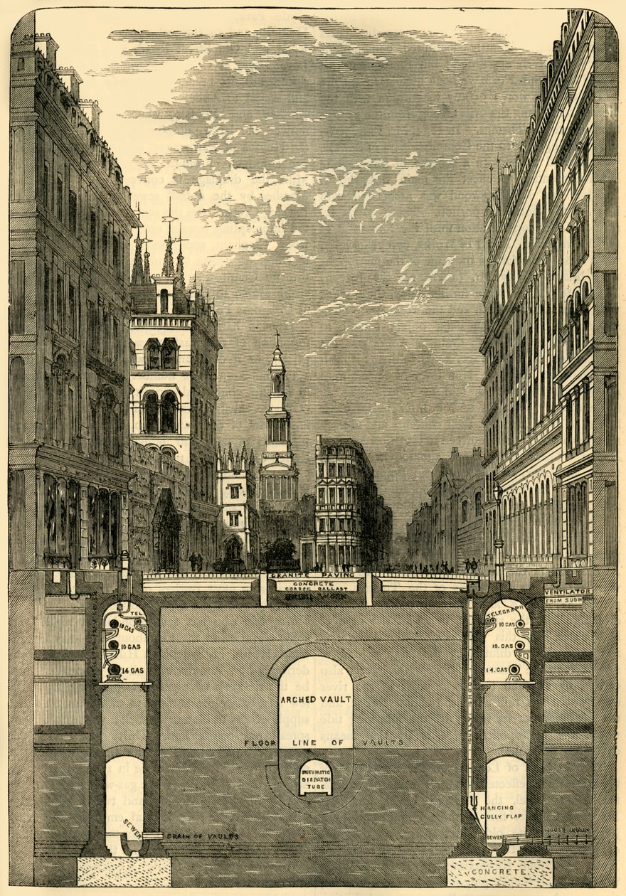 Sektion av Holborn Viaduct, Visar tunnelbanorna, c1876. av Unbekannt