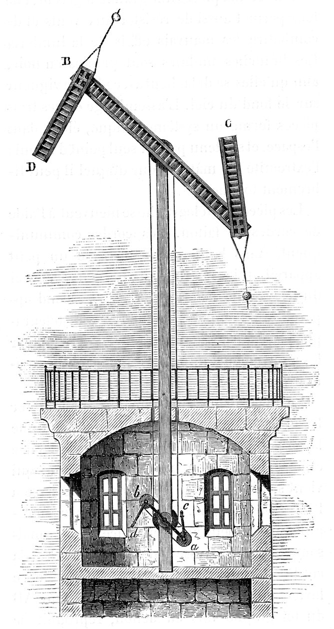 Sektionsvy av ett telegraftorn för Claude Chappes semafor, 1792, c1870 av Unbekannt
