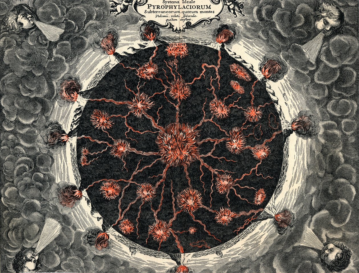 Sektionsvy av jorden, som visar central eld och vulkaner, 1665 av Unbekannt