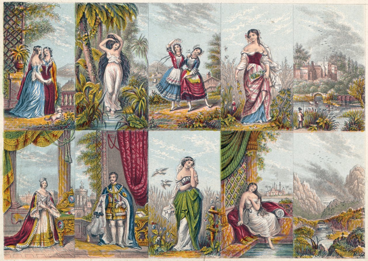 Serie av vyer och figurer, inklusive ett porträtt av drottning Victoria och prins Albert, 1851 av Unbekannt
