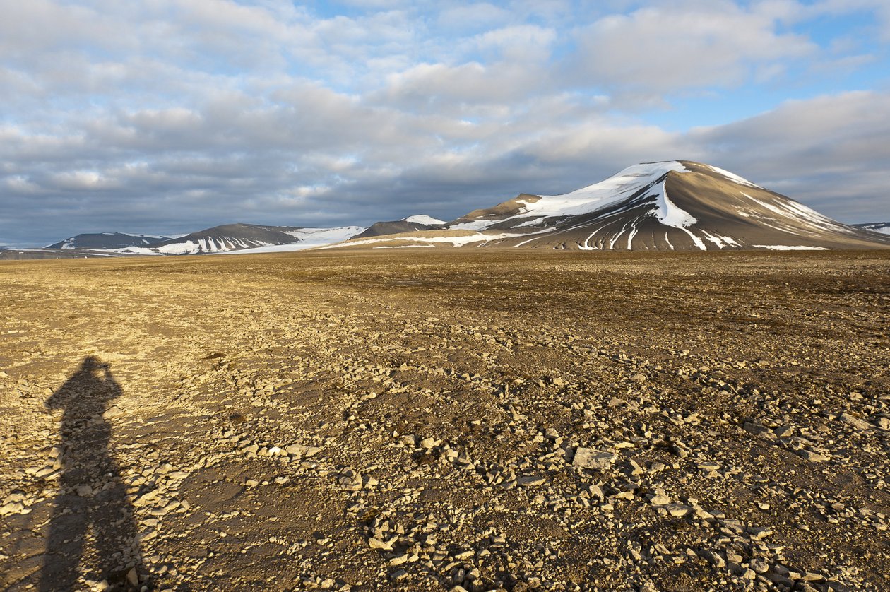 Skugga av en mänsklig, polygonal strukturell jord på Plataberget, snötäckt topp Nordenskjoeldfjellet i ryggen, nära Longyearbyen, Spetsbergen, Svalbard, Norge, Europa av Unbekannt