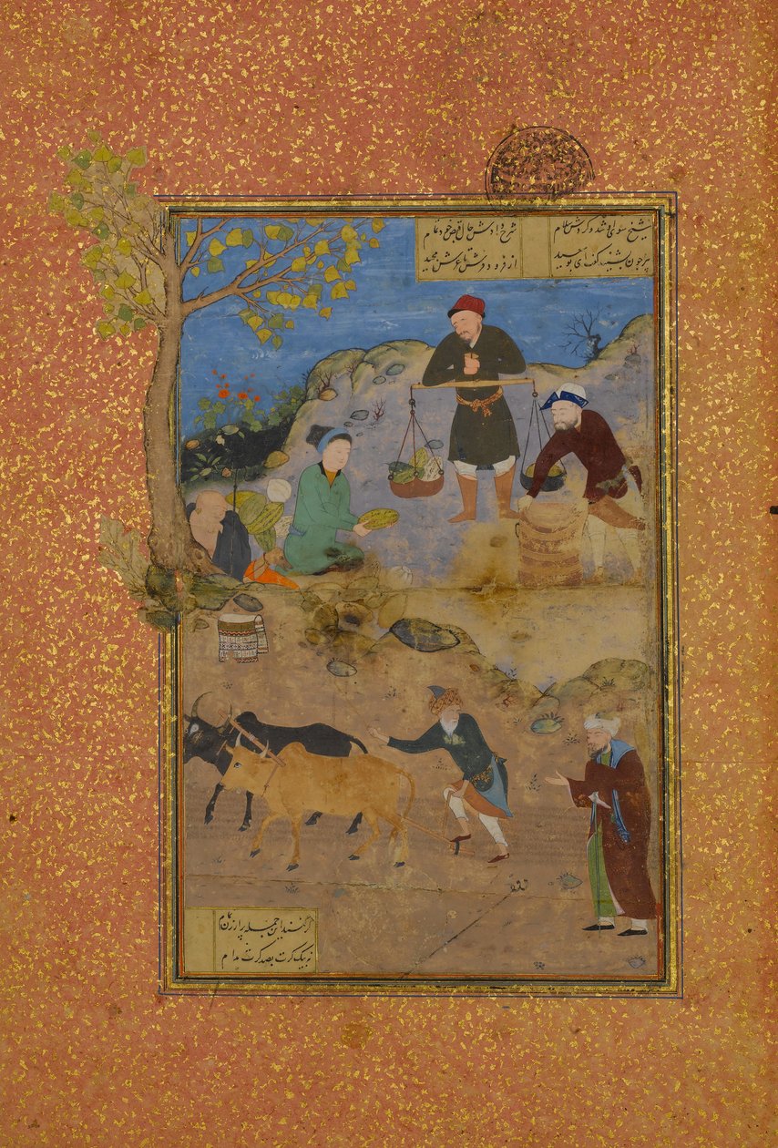 Shaikh Mahneh and the Villager, Folio 49r från a Mantiq al-tair Language of the Birds, 1487. av Unbekannt