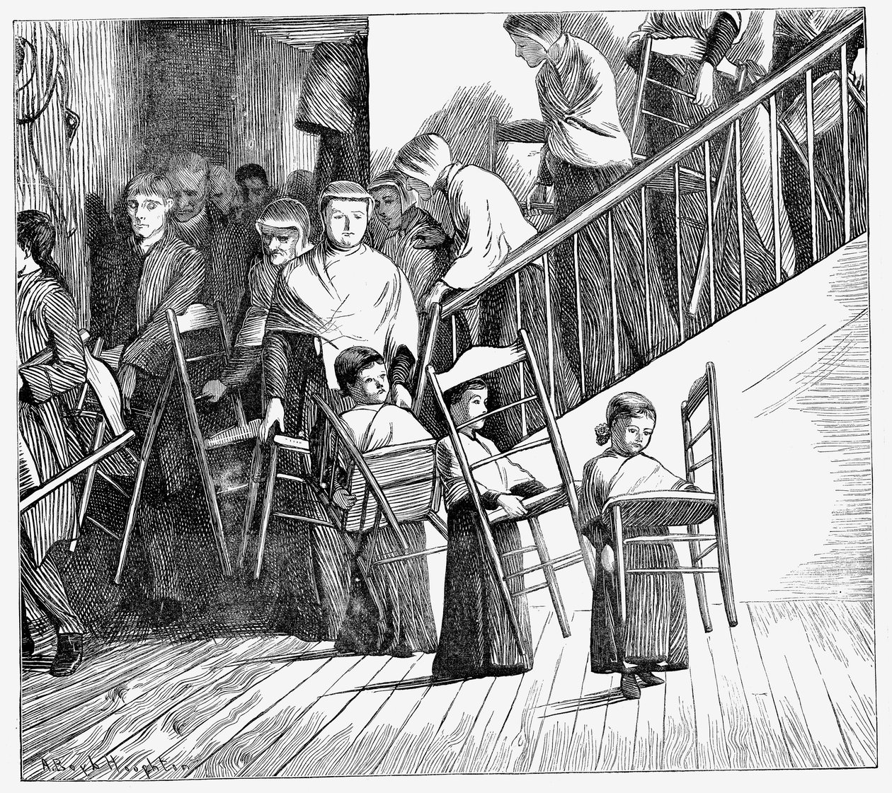 Shaker-gemenskapen går på middag, var och en med sin egen Shaker-stol, New York State, 1870 av Unbekannt