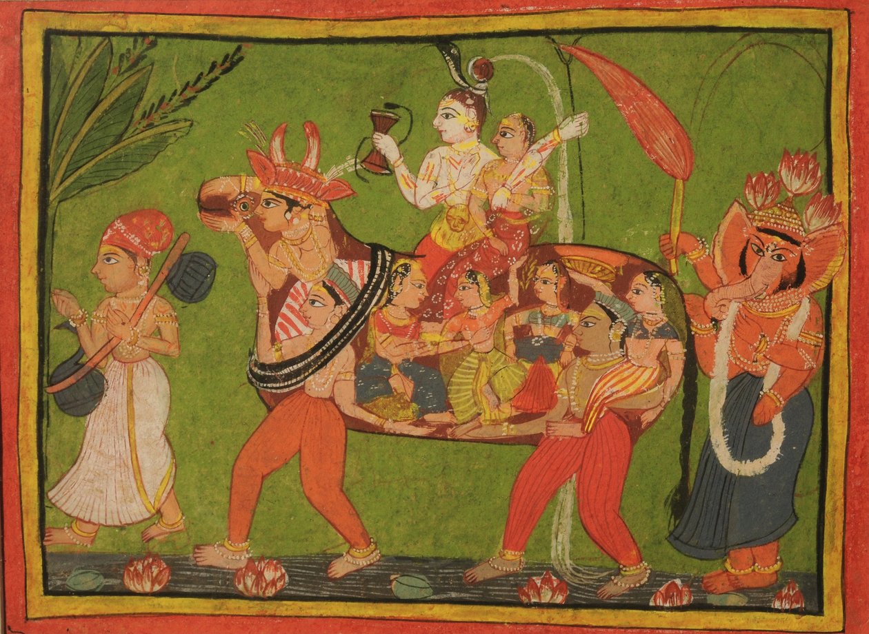 Shiva och Parvati på en sammansatt ko gjord av sammansatta kvinnor av Unbekannt