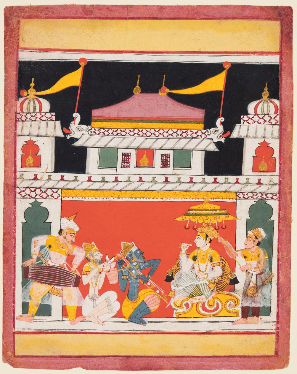 Shri Raga, från en Ragamala-serie, Tre musiker uppträder inför en adelsman, ca. 1650. av Unbekannt