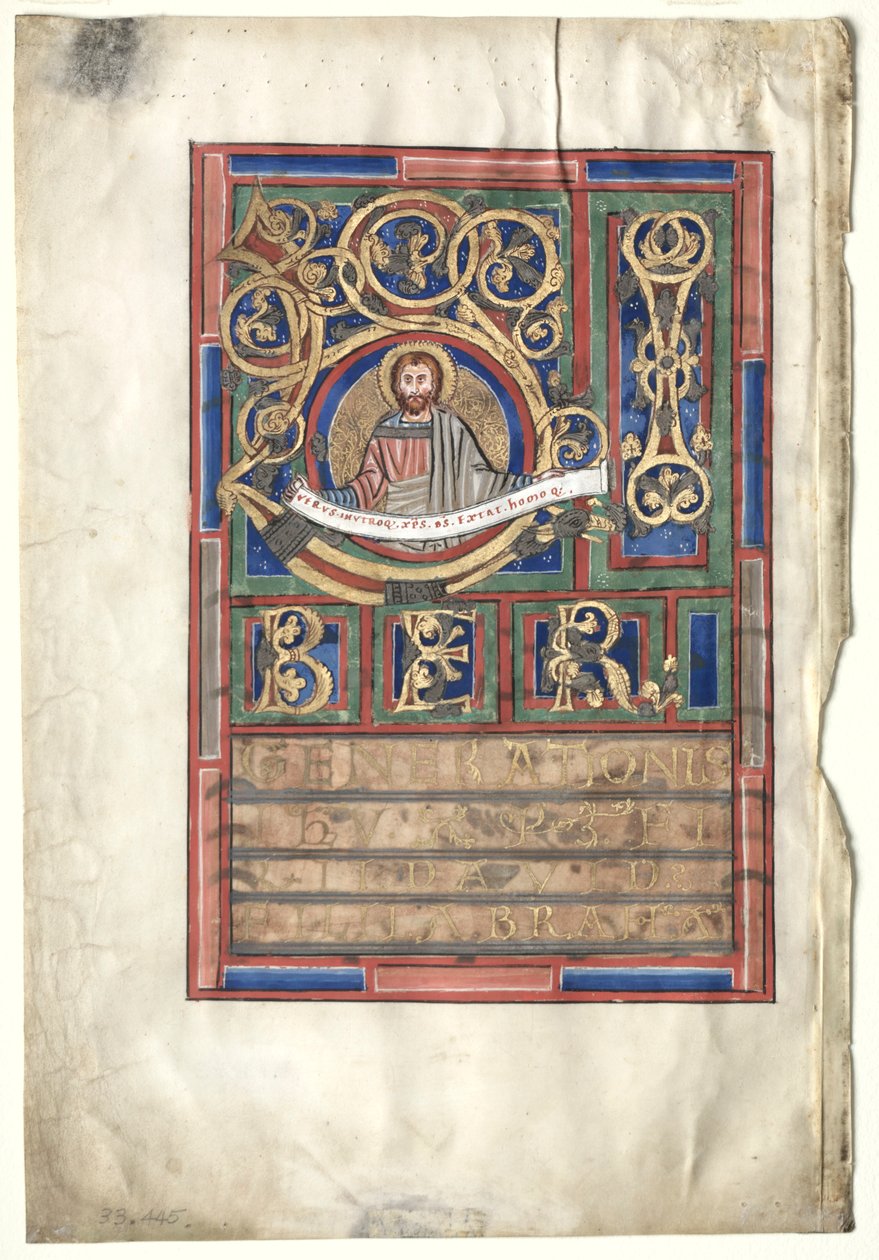 Enkelt blad utskuret ur en evangeliebok med initial L[iber generationis]: St. Matteus verso, c1190 av Unbekannt