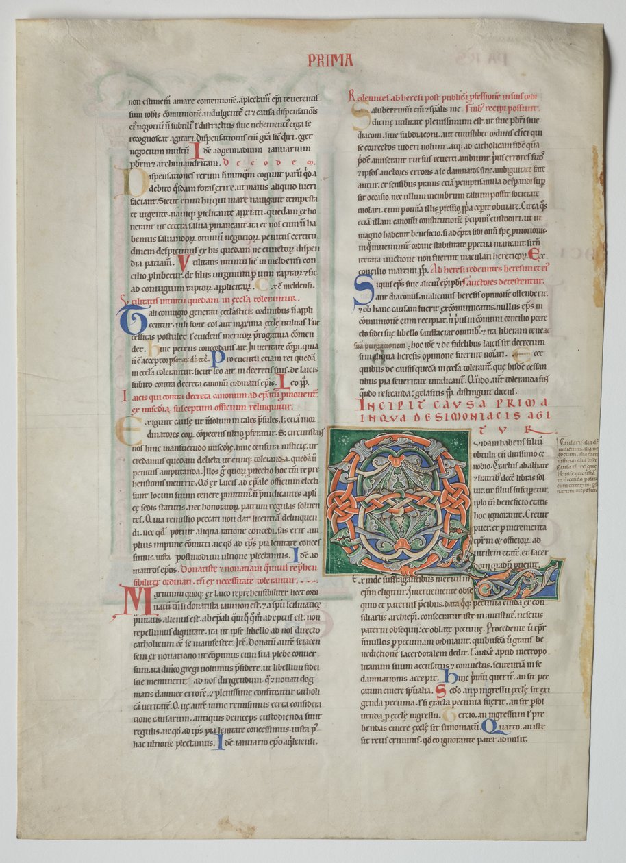 Enkelt blad från ett dekret av Gratianus: Dekorerade initialer av en man som har en son..., ca. 1160 av Unbekannt