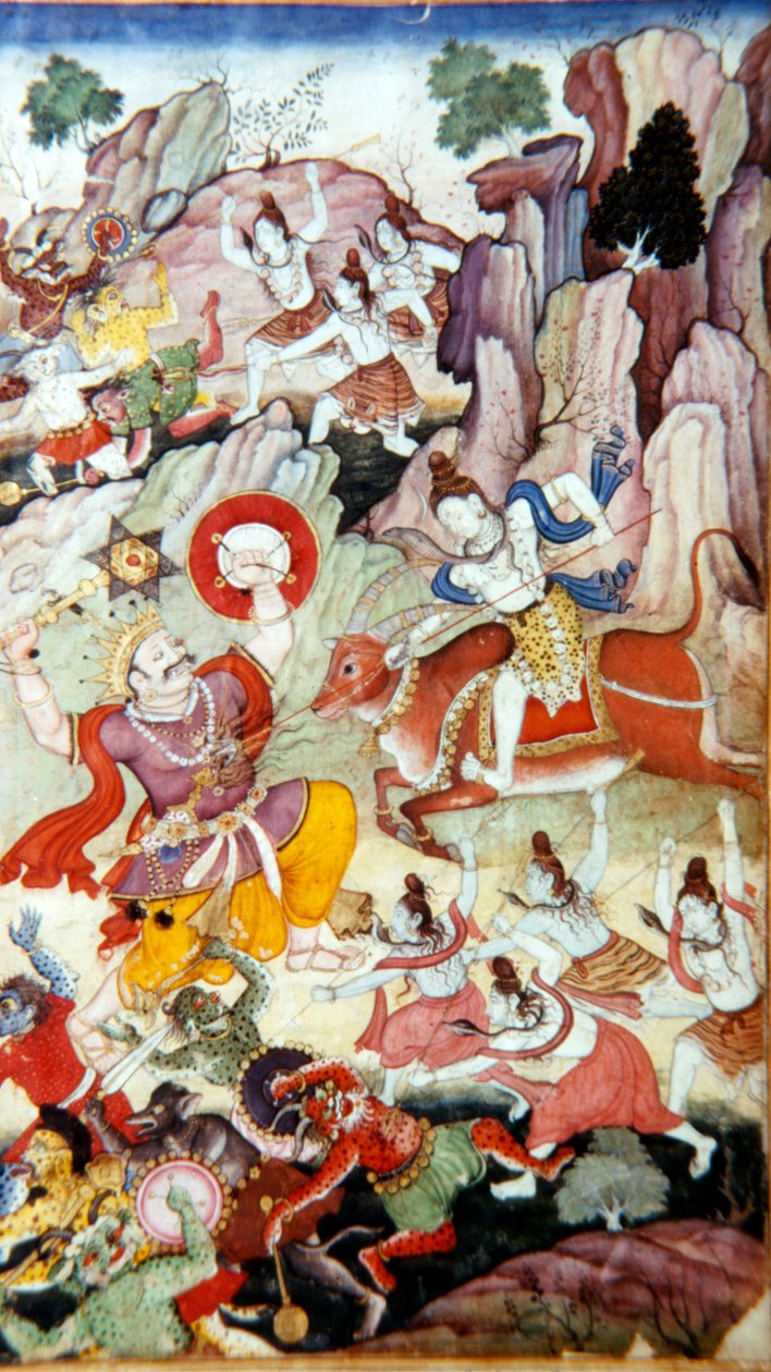 Siva Destroys the Demon and Haka, Harivamsa manuskript, Mughal School, c1590 av Unbekannt