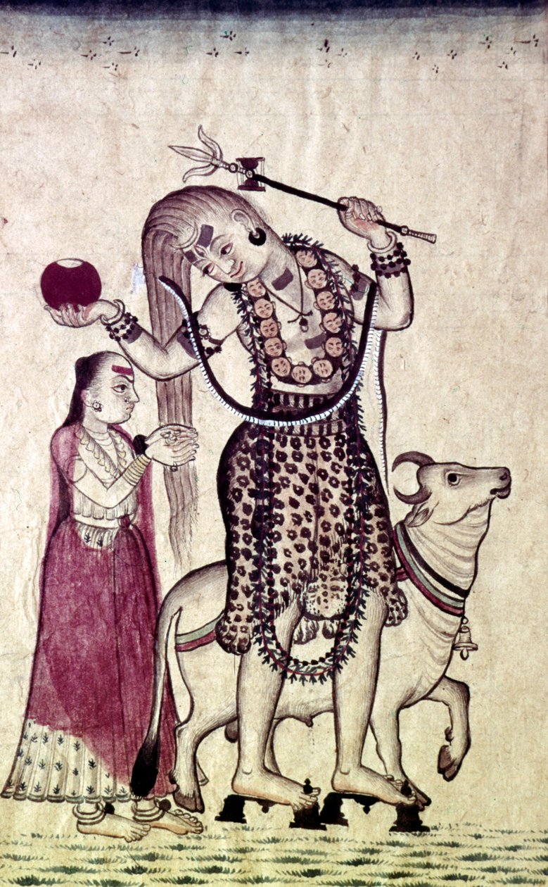 Siva, följt av sin gemål Parvati, gående med tjuren, Nandi, c1730. av Unbekannt