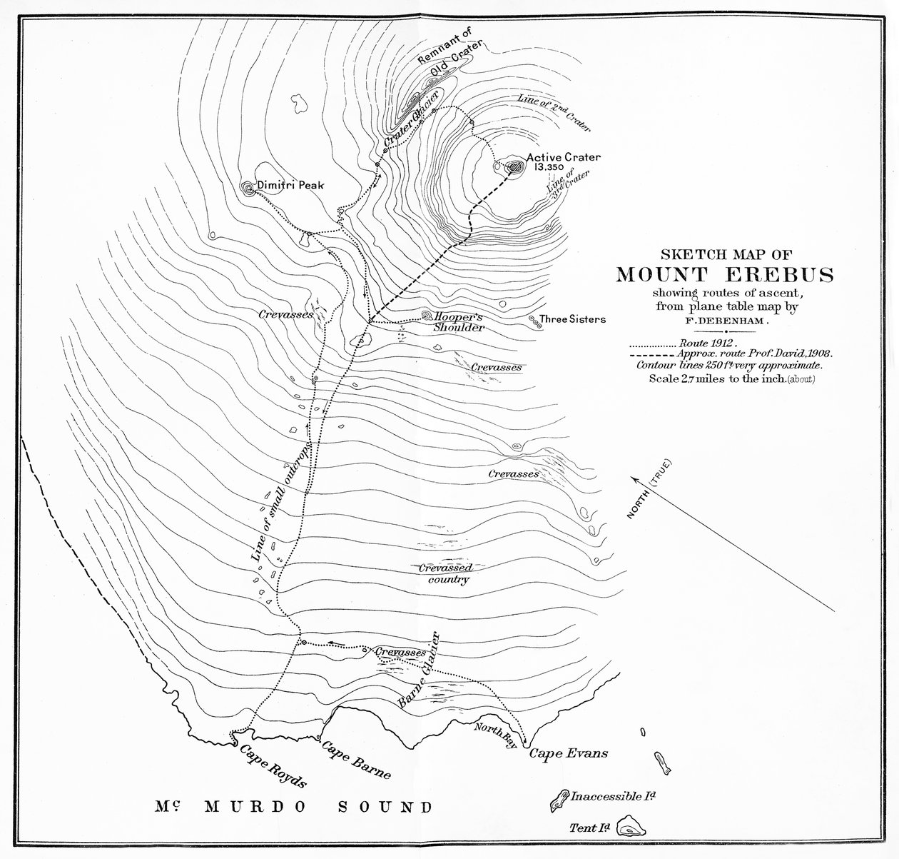 Skisskarta över berget Erebus som visar uppstigningsvägar, c1912, 1913 av Unbekannt
