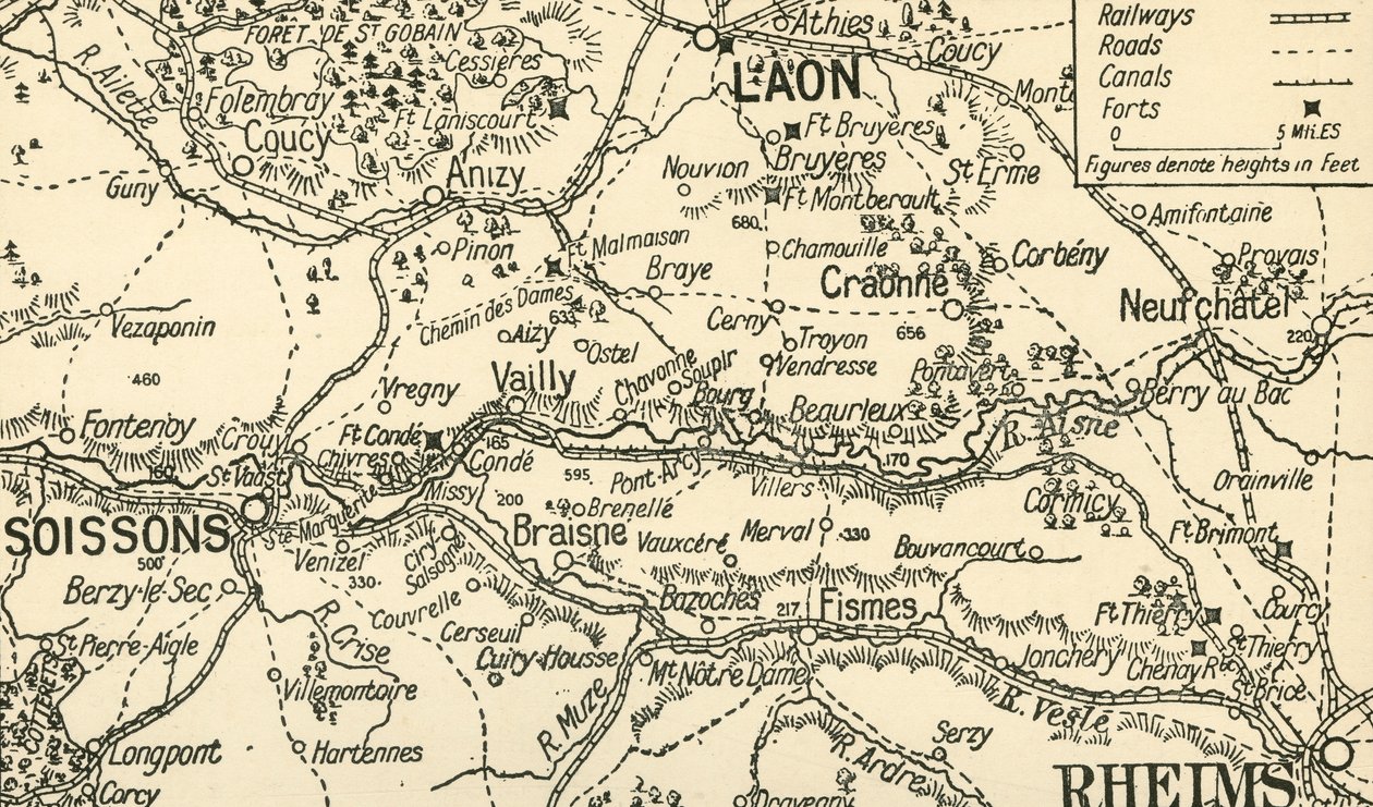 Skisskarta över dalen av Aisne ovanför Soissons, 1914, c1920. av Unbekannt