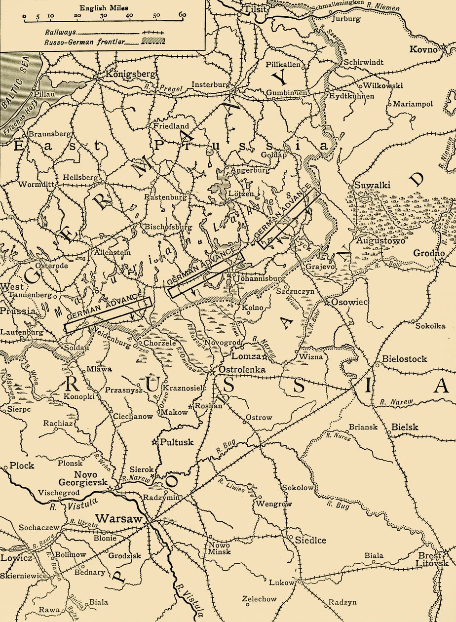 Skisskarta för att illustrera den tyska attacken norr om Warszawa i februari 1915, c1920. av Unbekannt