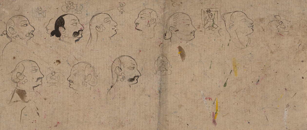 Sketch Page of Facial Studies, troligen Maharao Kishor Singh, ca. 1830. av Unbekannt
