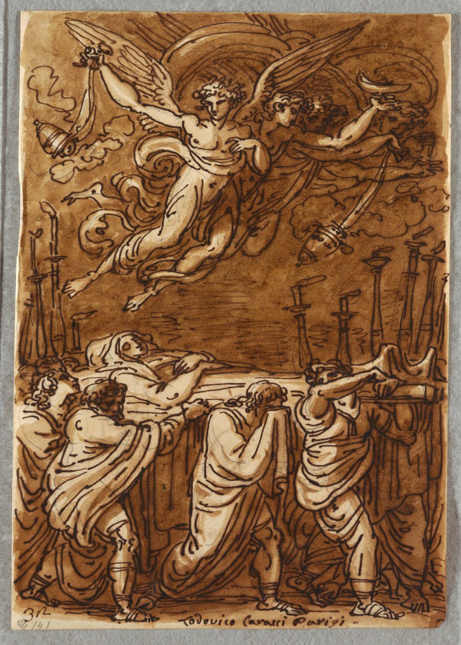 Sketchbook Folio, Apostlarna som bär jungfruens kropp till graven, studera efter Lodovico Carracci av Unbekannt