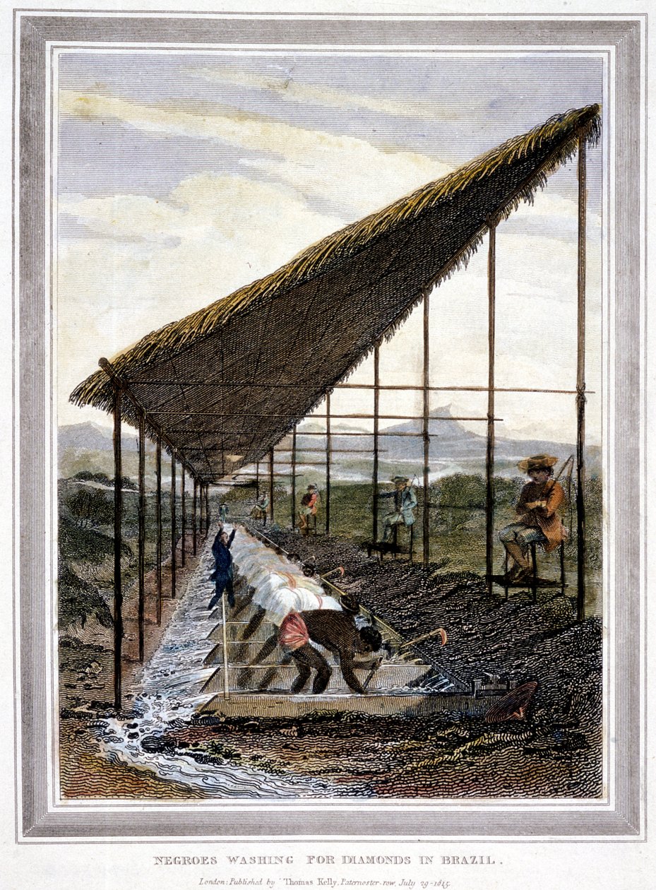 Slavar som tvättar för diamanter som övervakas av handledare med piskor, Brasilien, 1815 av Unbekannt