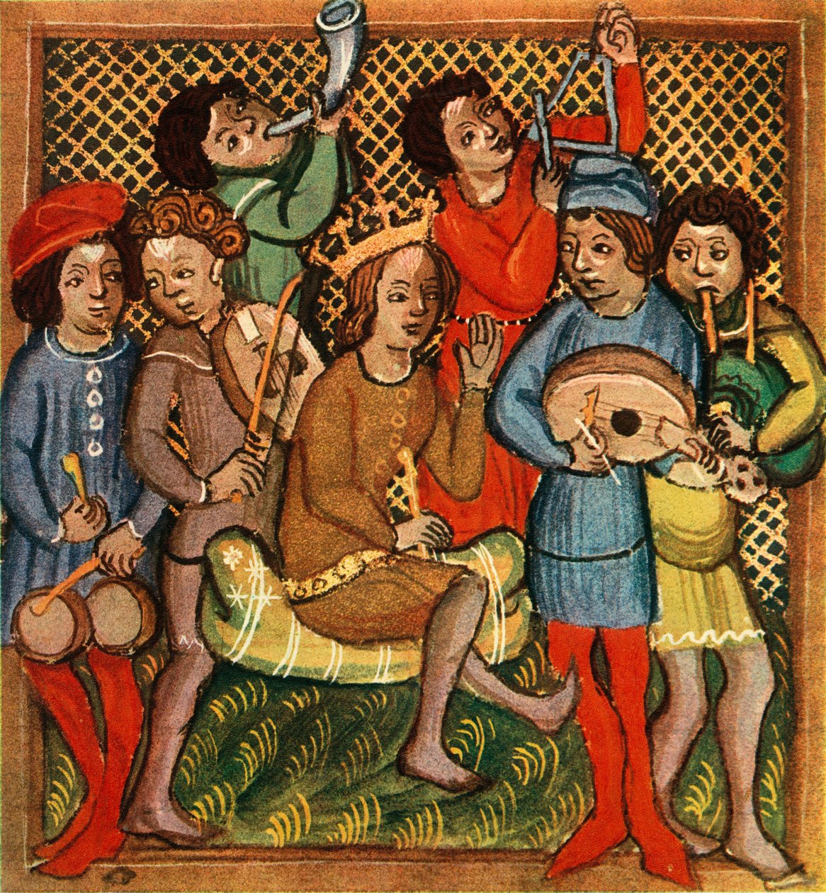 Små trummor, fiol, horn, triangelluta och säckpipa, Olomouc Bible, 1417, 1948 av Unbekannt