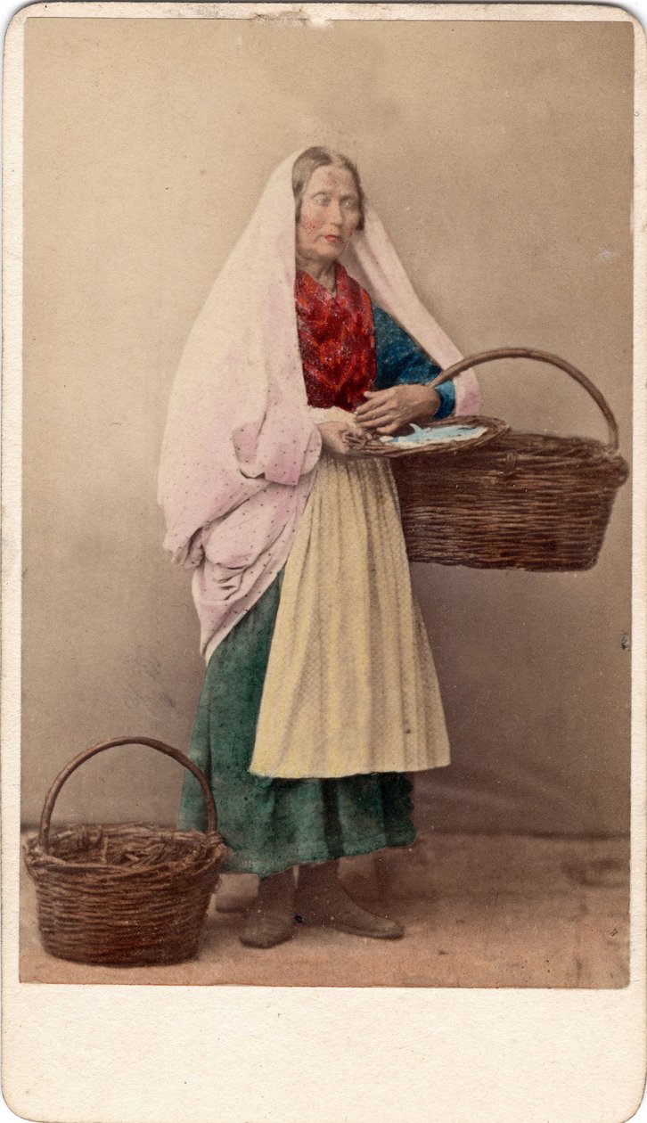 Liten metier: en köpman som håller flätade korgar, Venedig. 1800-tal Tryck på kartong Dim. 10,6x6,4 cm av Unbekannt