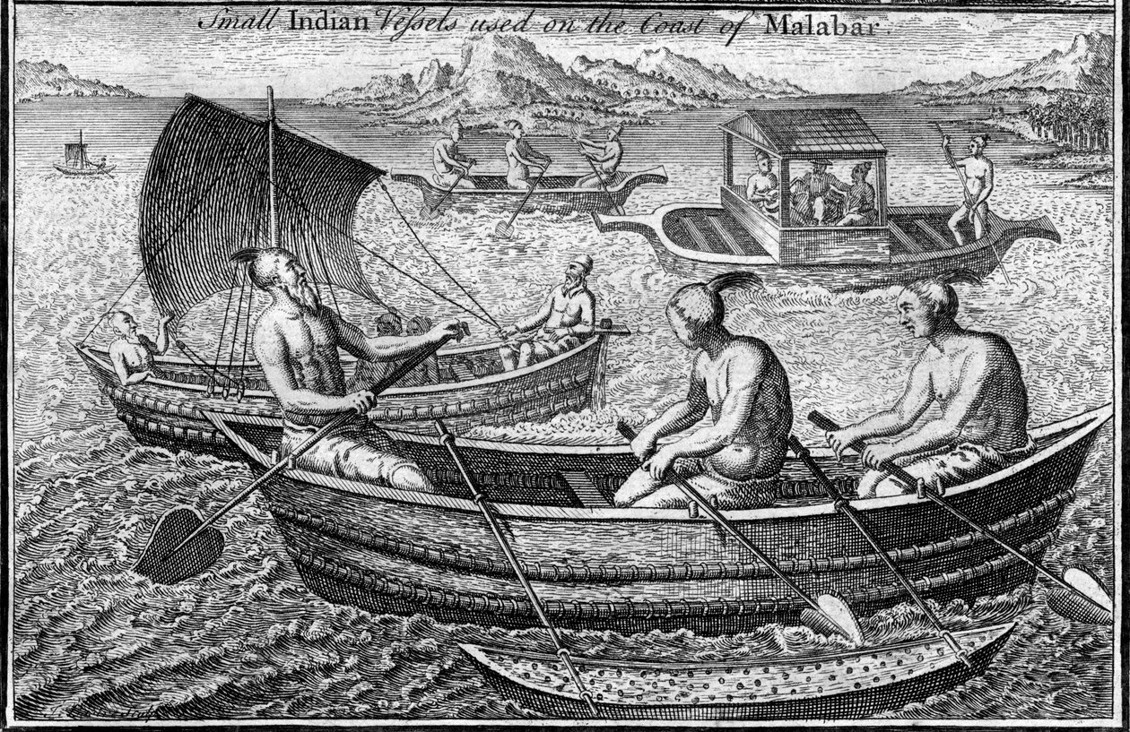 Litet fartyg som används vid kusten av Malabar Cochin, Indien, c1700-talet av Unbekannt