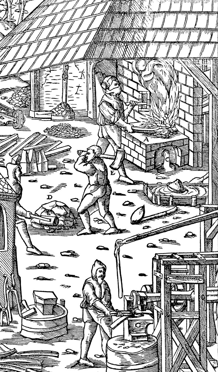 Smältjärn och hammarstänger med en mekanisk hammare, 1556 av Unbekannt
