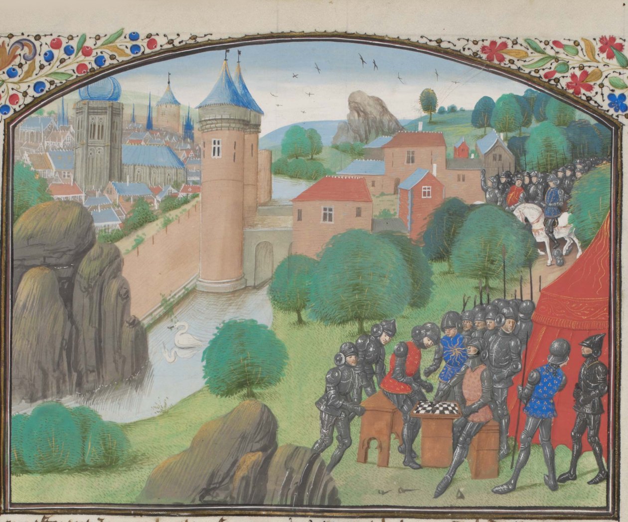 Soldater som spelar tärning framför staden Caesarea. Miniatyr från Historia av William av Tyrus, 1460-talet av Unbekannt