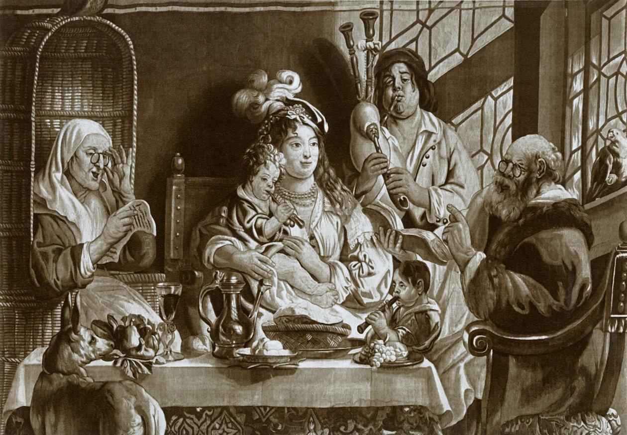 Sopranblockflöjter och säckpipor, Brysselgobelin designad av Jacobus Jordaens, 1948 av Unbekannt