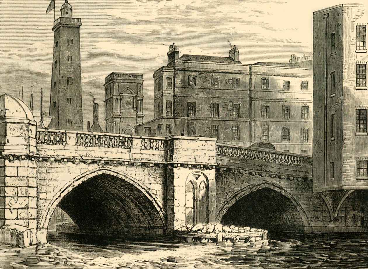 South End av Old London Bridge, med Shot Tower och St. Olaves Church, 1820, c1878. av Unbekannt