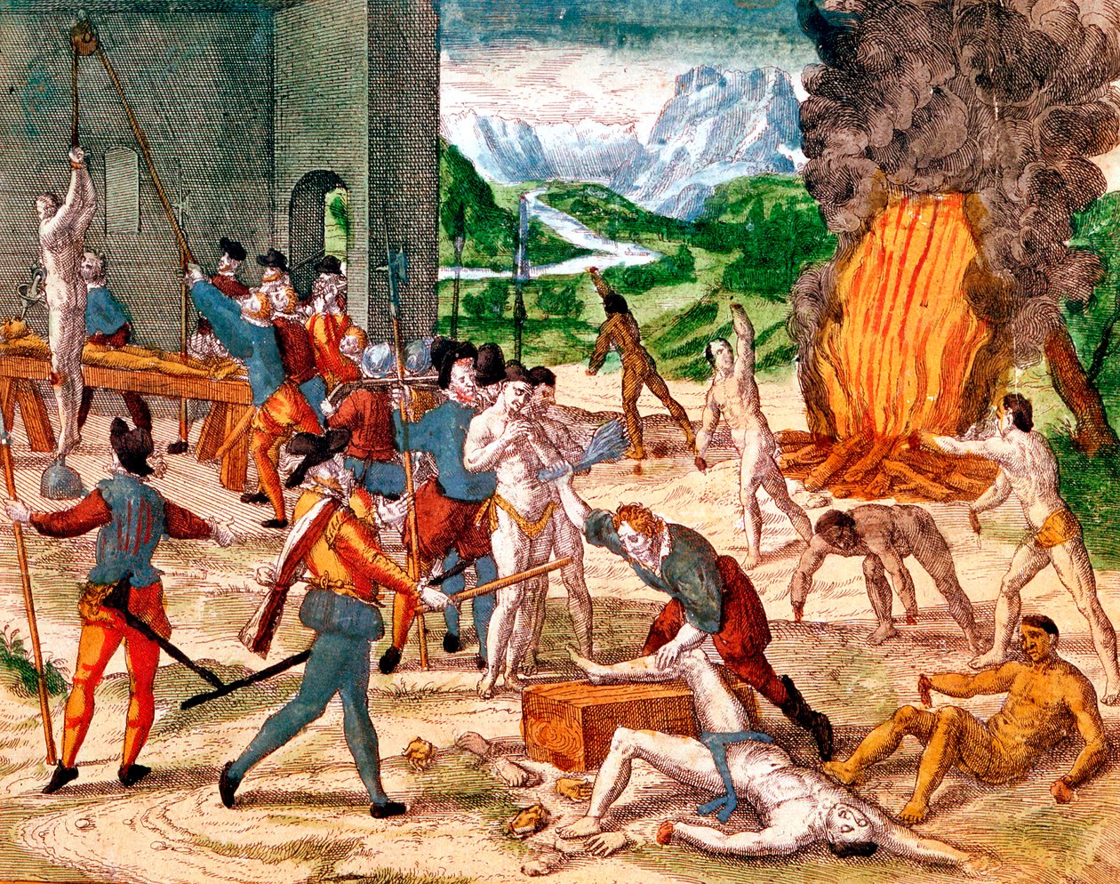 Spanska conquistadorer torterar indianer, 1539-1542 av Unbekannt