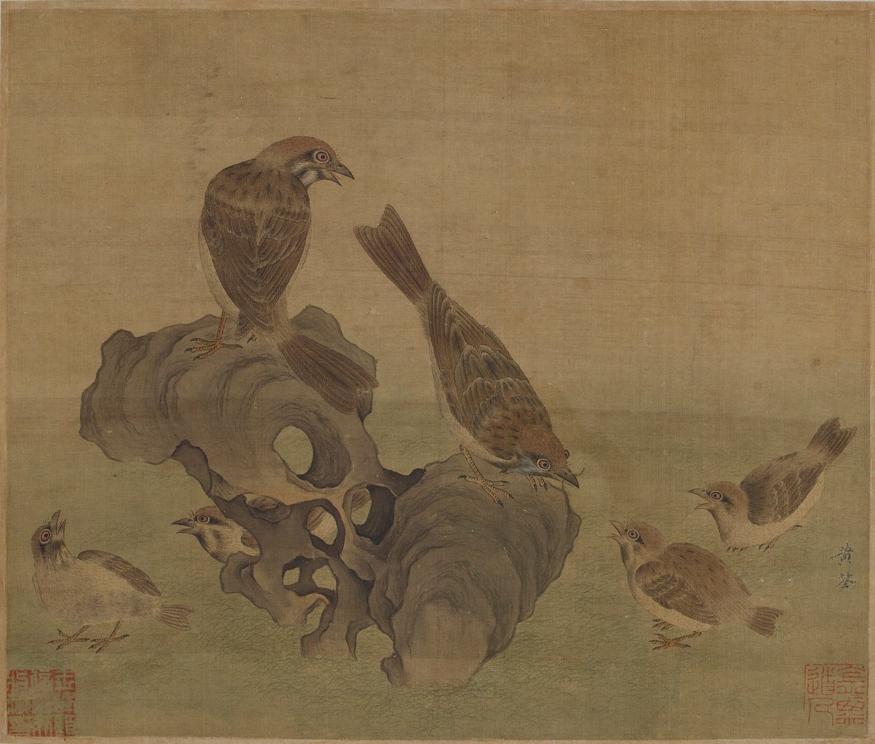Sparvar som matar sina ungar, Ming- eller Qingdynastin, 1600-talet. av Unbekannt