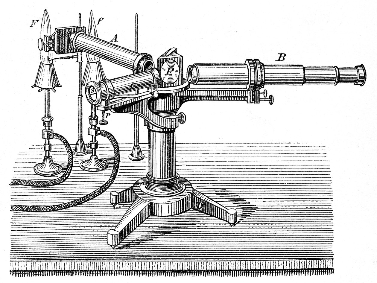 Spektroskopisk apparat som används av Robert Wilhelm Bunsen och Gustav Robert Kirchhoff, c1895 av Unbekannt
