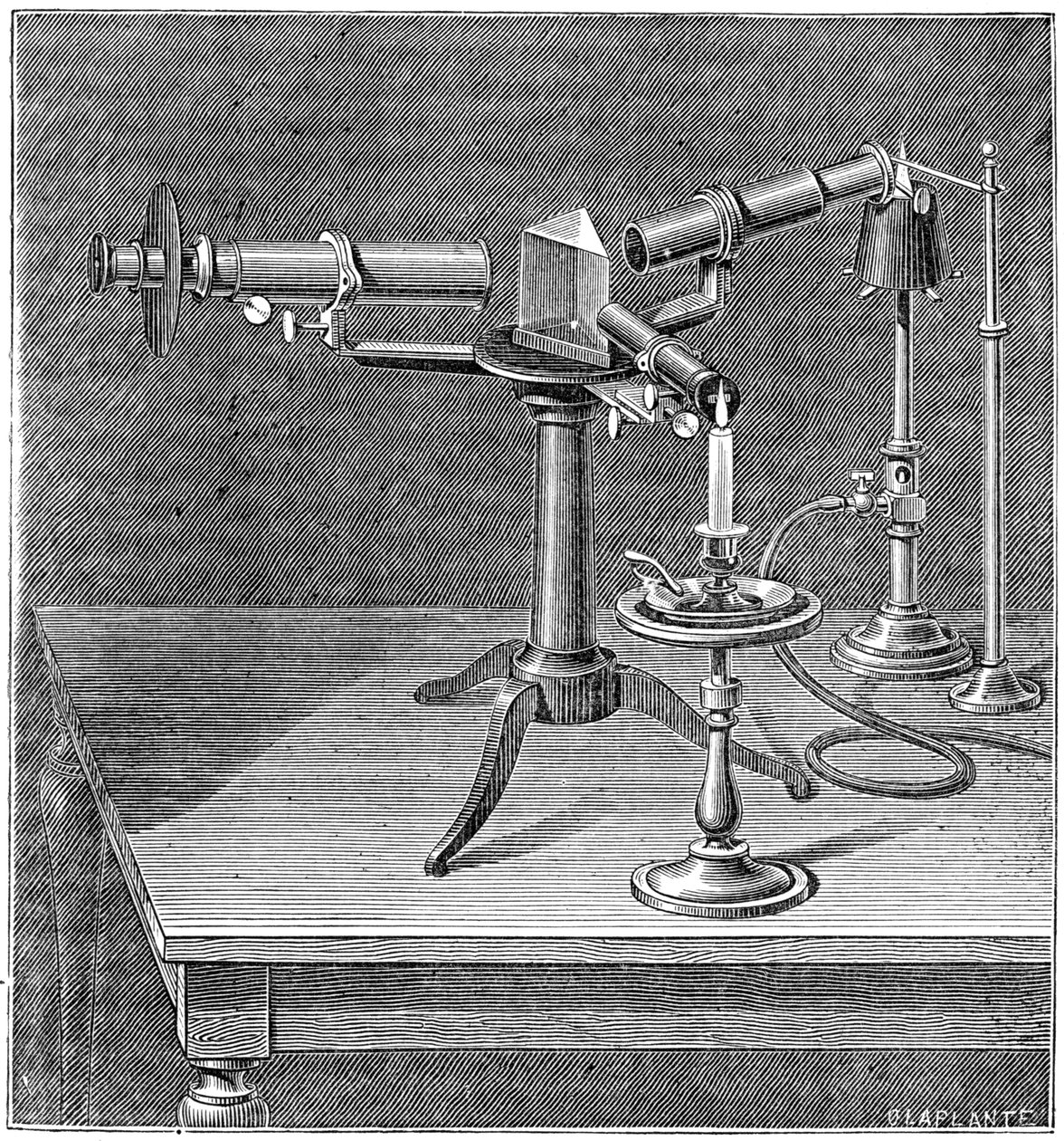 Spektroskopisk apparat som används av Robert Wilhelm Bunsen och Gustav Robert Kirchhoff, c1895 av Unbekannt