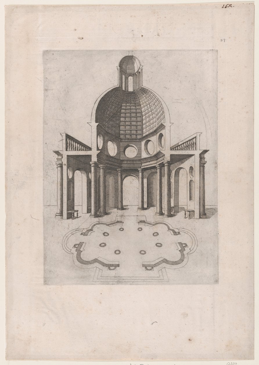 Mirror of Roman Magnificence: Interiör och grundplan av ett åttakantigt tempel, ..., 1500-talet. av Unbekannt