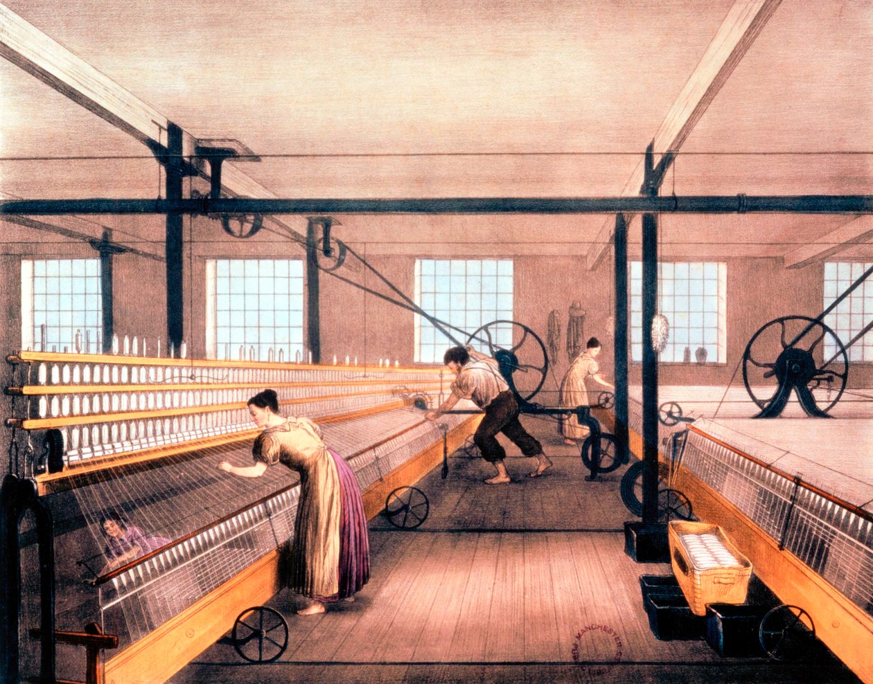 Spinnande bomull med självverkande mulor av den typ som skapades av Richard Roberts 1825 c1835 av Unbekannt
