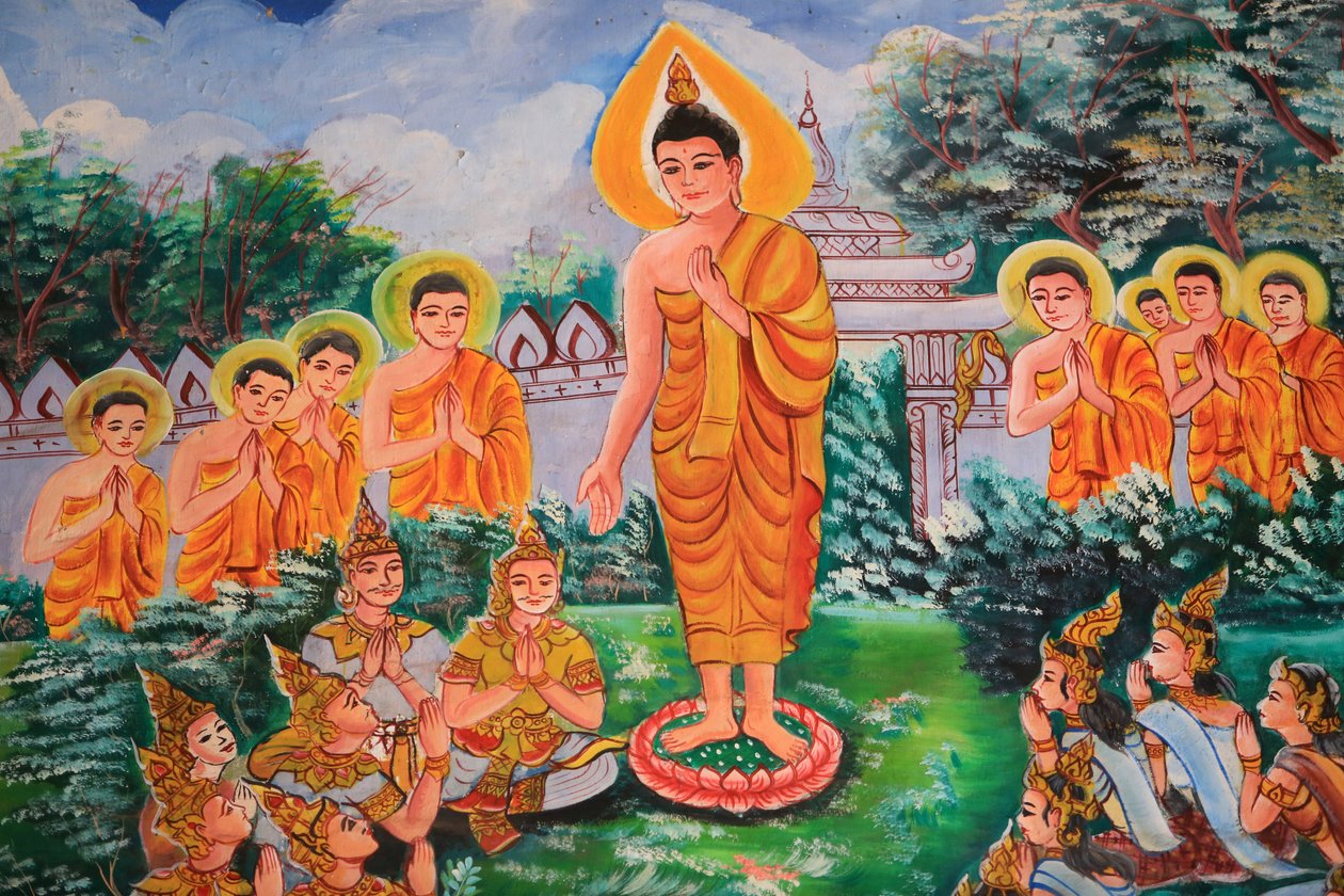 Spridning av Dharma. Buddhas liv. Takkonstverk som visar Buddhas liv. Wat Inpeng. Vientiane. Laos, 20151029, Vientiane, Laos av Unbekannt