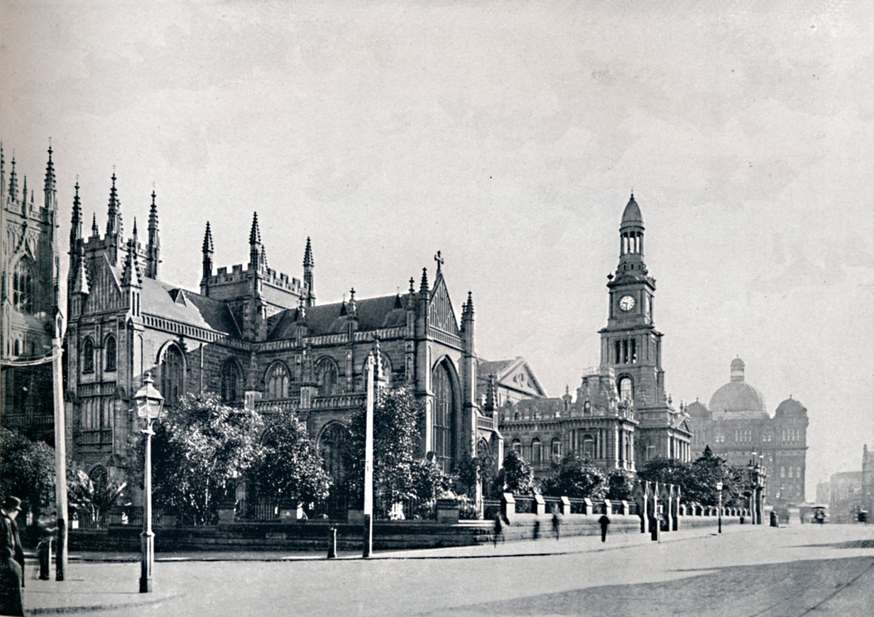 St. Andrews Cathedral, Sydney Town Hall och Market Buildings, c1900. av Unbekannt