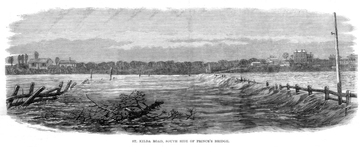 St Kilda Road, södra sidan av Princes Bridge - Översvämningar vid Melbourne, Australien, 1864 av Unbekannt