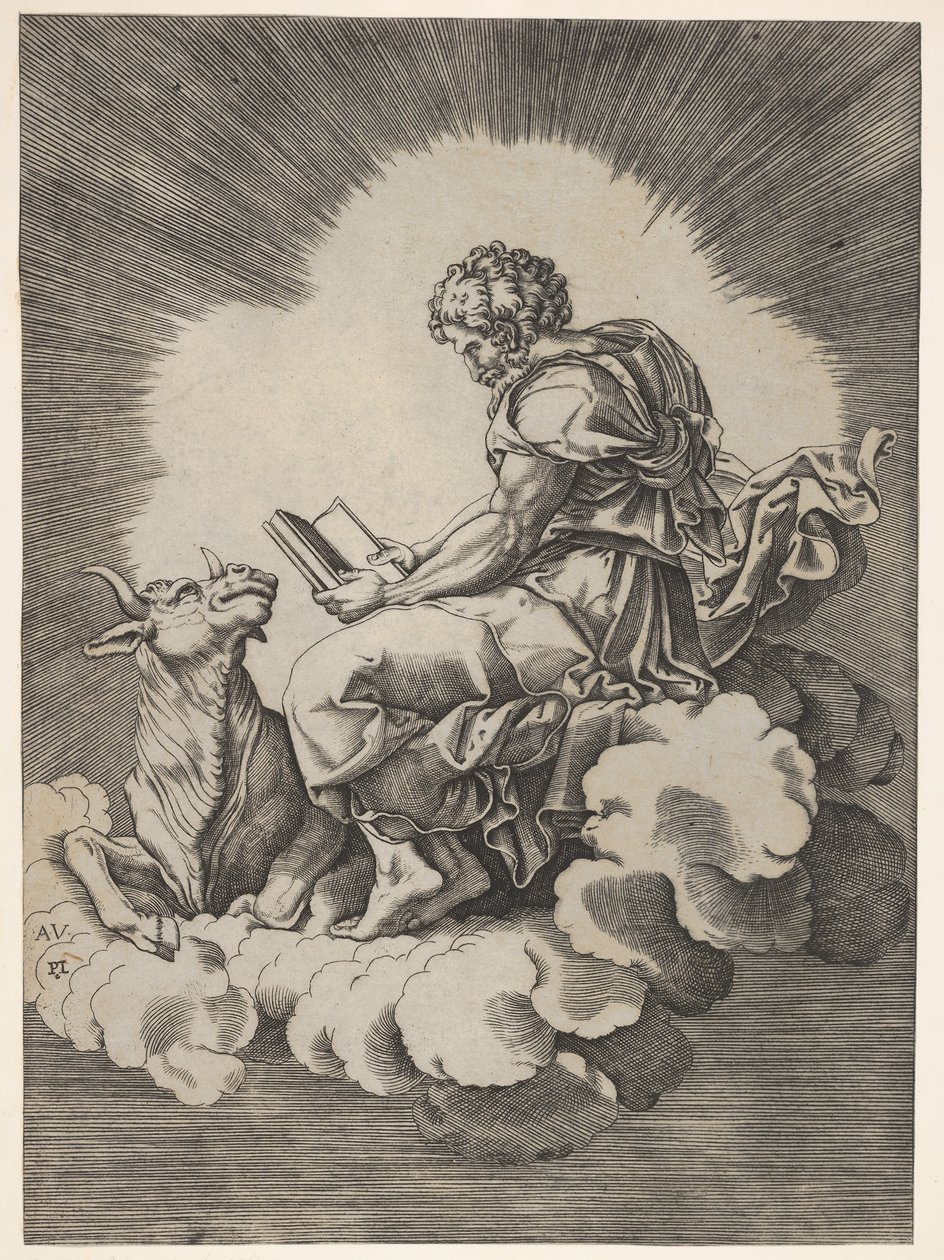 St Luke, sittande på ett moln med en öppen bok i båda händerna, en tjur som ligger på hans avgift..., efter 1518. av Unbekannt