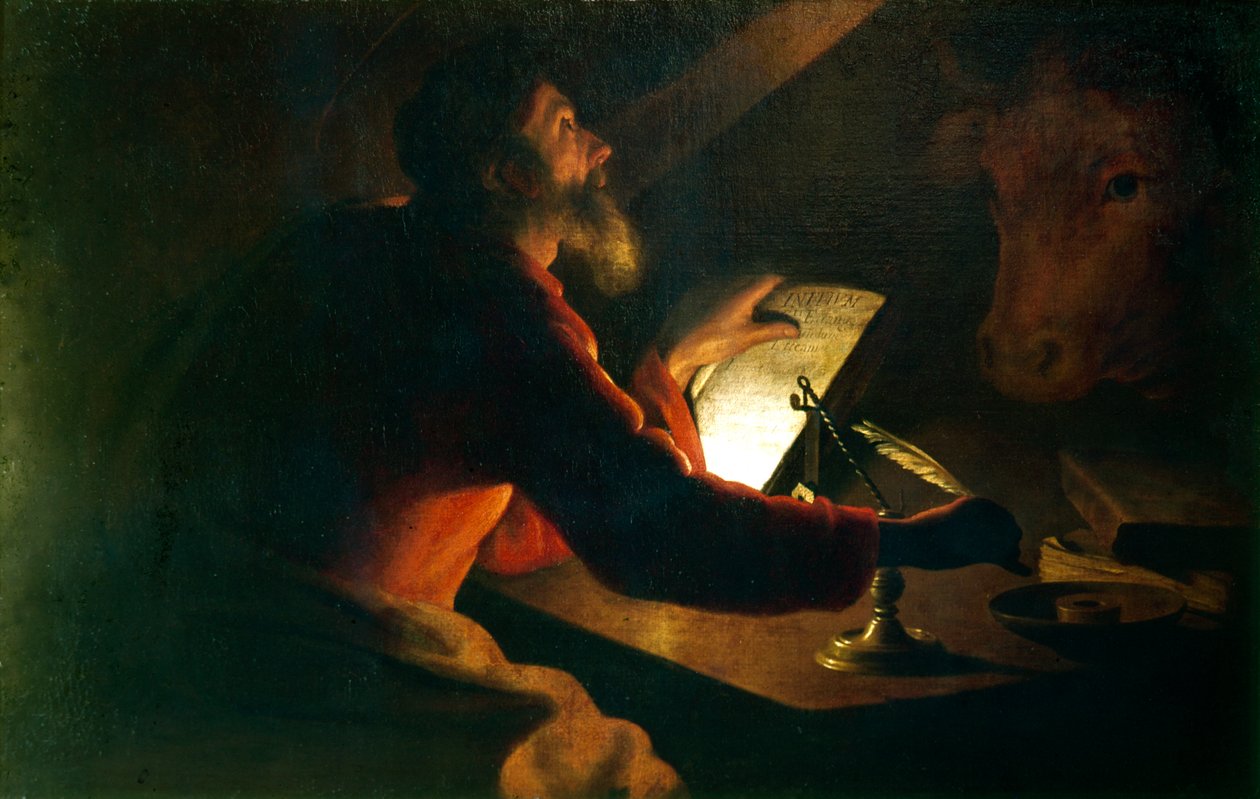 Evangelisten St Luke skriver sitt evangelium bevakad av sin symbol, en oxe, 1600-talet av Unbekannt