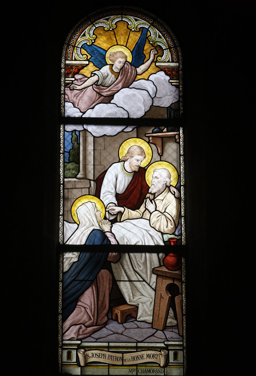 Målat glas i Notre Dame du Rosaire katolska kyrkan: Saint Joseph, dödens skyddshelgon, Saint-Ouen, Frankrike av Unbekannt